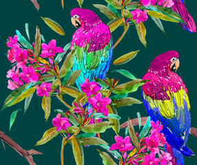 Seamless Pattern Hand Painted Watercolor Artwork Illustration Red Parrots Birds with Exotic Tropical Flowers on Green Background