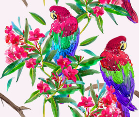 Seamless Pattern Hand Painted Watercolor Artwork Illustration Red Parrots Birds with Exotic Flowers in Tropical Jungle Paradise