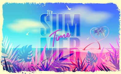 Summer postcard. It's summer time. Hot summer banner. Trendy texture. Season vocation, weekend, holiday logo. Summer Time Wallpaper. Happy shiny Day. Modern vector Lettering. Fashionable styling. 