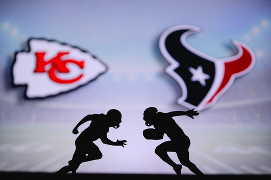 Kansas City Chiefs vs. Houston Texans. NFL match poster. Two american football players silhouette facing each other on the field. Clubs logo in background. Rivalry concept photo.