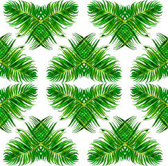 Fototapeta na wymiar Seamless Pattern Hand Painted Watercolor Artwork Illustration Tropical Jungle Palm Leaves Kaleidoscope Squares