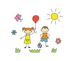 Fun kids play outdoors. Cute doodle boy with ball and girl with balloon. Hand drawn vector illustration on white background