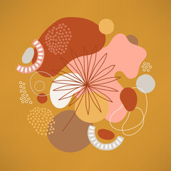 Greeting card with palm leaf, dots, lines and geometric shapes