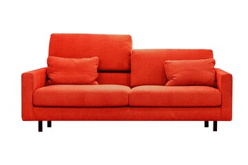 Red couch, sofa isolated on black background. Classic design furniture of leather, fabric buttoned quilted upholstery, modern dwelling interior design element, object.