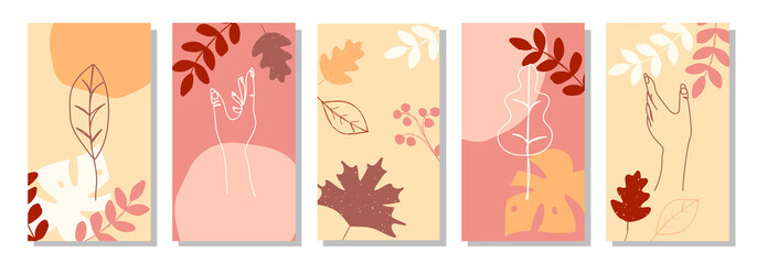 Set of vertical abstract autumn backgrounds or card templates in modern colors, vector illustration in popular art style
