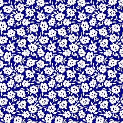 Tiny flowers seamless pattern, vector, blue and white