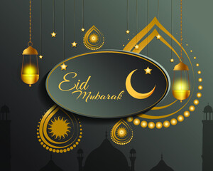 vector illustration of greeting for Eid Mubarak text means Eid Mubarak, golden shiny moon, concept for festive background 
