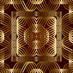 Greek style gold lines 3d seamless pattern. Vector ornamental geometric background. Greek key meander square frames, borders. Line art curves intricate elegant ornaments. Luxury ornate repeat design