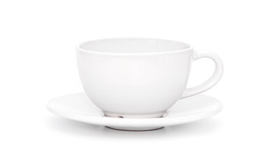 White ceramic cup or mug with a bowl isolated on white background 