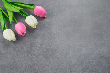 Fresh pink tulip flowers bouquet. View with copy space.