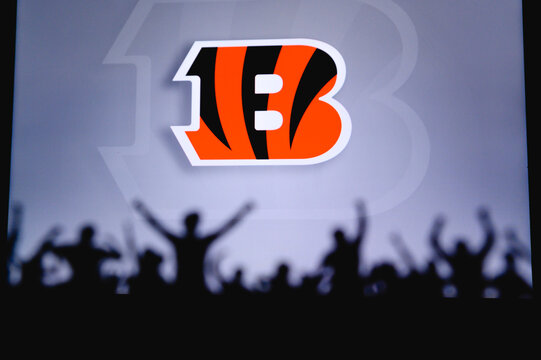 Cincinnati Bengals. Fans support professional team of American National Foorball League. Silhouette of supporters in foreground. Logo on the big screen.