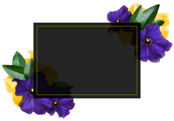 Czarna ramka z miejscem do wpisania tekstu. W tle kwiaty petuni oraz duże liście wykonane w technice cyfrowej akwarele. Białe tło.