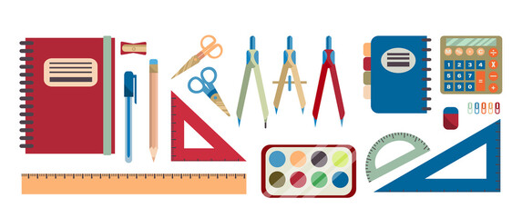 Set of school accessories. Back to school. Collection of tools for drawing and writing, a set of paints, a calculator is isolated on a white background. Vector illustration in flat style.