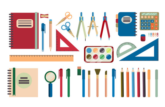 Set of school accessories. Back to school. Collection of tools for drawing and writing, a set of paints, a calculator is isolated on a white background. Vector illustration in flat style.