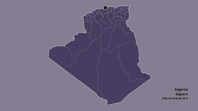 Oran, province of Algeria, with its capital, localized, outlined and zoomed with informative overlays on a administrative map in the Stereographic projection. Animation 3D