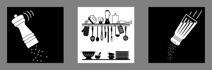 3 affiches carrées sur le thème de la cuisine avec des silhouettes noires et blanches d’ustensiles culinaires, d’un poivrier et d’une salière. - obrazy, fototapety, plakaty