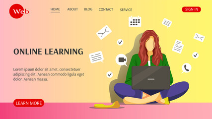Web site design for different online schools. Woman is seating with laptop and learning online. Vector illustration.