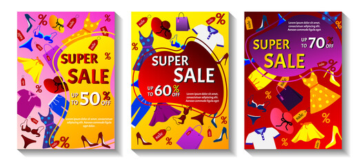 Set of super sale promo banner with clothes and different elements of wardrobe. Vector illustration for special  offer, flyer, advertising, commercial, banner.