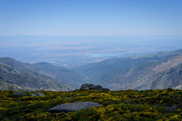 Landscape with mountains overlooking the lakes from the top of the stones in the Sierra de Gredos, Avila, Castilla Leon, Spain, Europe. Natural scene.