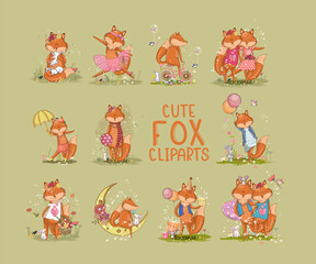 Obraz na płótnie Canvas sets of cute fox cliparts. vector illustrations