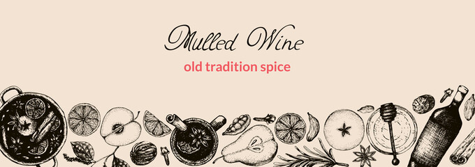 Vector illustration of a long banner or footer for website or brochure with mulled wine in old style. Spices and fruits for hot wine in a freehand style drawing narrow format for a recipe