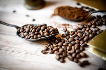 Paper bag turk pouch mock up with coffee beans and spoon turk on wooden background 