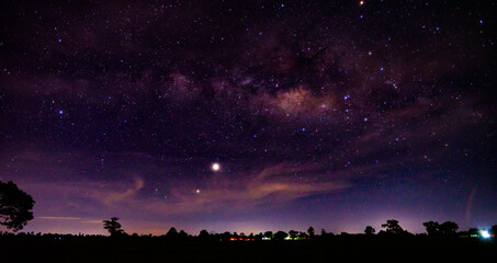 Panorama blue night sky milky way and star on dark background.Universe filled, nebula and galaxy.Many stars on dark night with noise , White clouds obscured and disturbed.