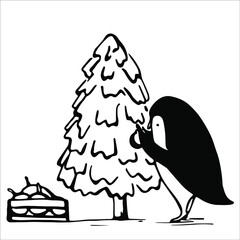Black and white penguin decorating a Christmas tree in a cartoon style. The Cute character of a polar animal preparing for New Year and Christmas.