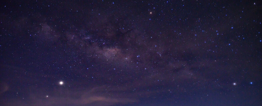 Panorama blue night sky milky way and star on dark background.Universe filled, nebula and galaxy.Many stars on dark night with noise , White clouds obscured and disturbed. © Mohwet