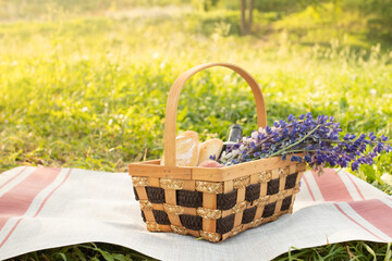 Outdoor recreation. Picnic basket against bright summer grass with copyspace