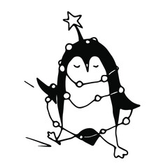 Black and white vector penguin with lamps garland and star for your design. The cute character of polar animal for Christmas and New Year design.