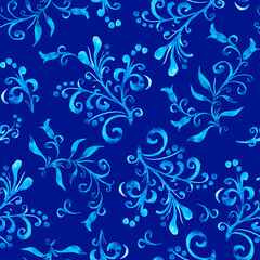 Fototapeta na wymiar Floral seamless pattern with leaves and berries in blue color on indigo background. Hand drawing. Background for title, blog, decoration. Design for wrappers, textiles, fabrics.