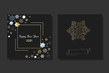 Fototapeta na wymiar Black square greeting card 2021 Happy New Year with snowflakes and frames for invitations, party, holidays and business with space for text, logo or name of company.