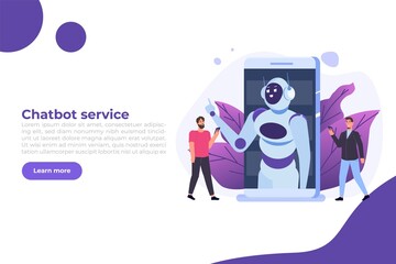 Chatbot concept. Man talking to robot. Customer support service android,  artificial intelligence dialog .