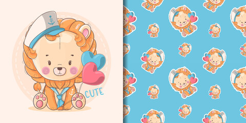 hand drawn a cute baby lion with sailor custom and pattern set