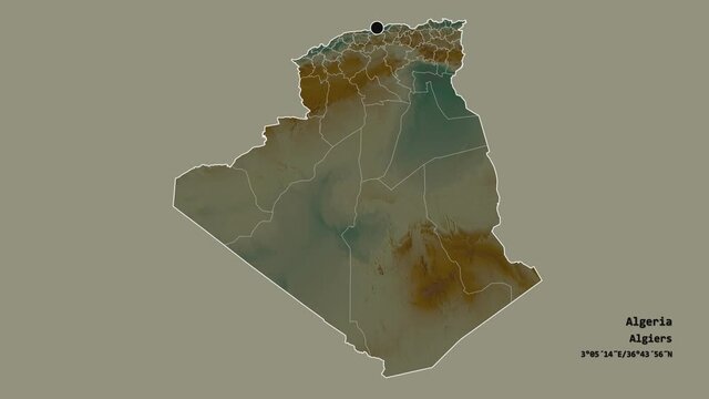 Oran, province of Algeria, with its capital, localized, outlined and zoomed with informative overlays on a relief map in the Stereographic projection. Animation 3D