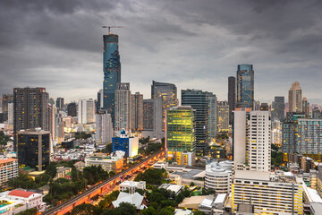 Bangkok, Thailand cityscape at dusk.