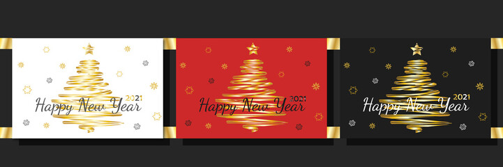 Fototapeta na wymiar 2021 Happy New Year white, red and black greeting cards set. New Year holiday invitations templates collection with gold gradient christmas tree and snowflakes, vector illustration.