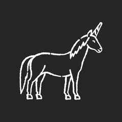 Unicorn chalk white icon on black background. Mythical creature, fairy tale animal mascot. Childish fantasy animal, kids fable. Magical horse with horn isolated vector chalkboard illustration