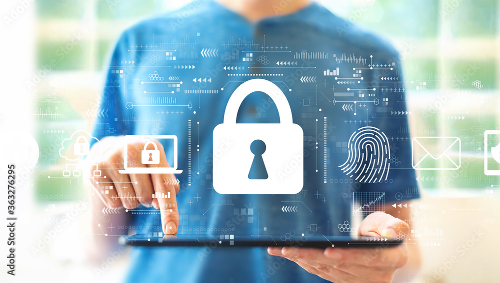 Poster internet network security concept with young man using a tablet computer
