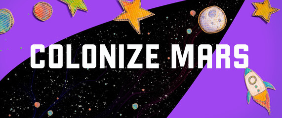 with space background with a rocket, moon, stars and planets