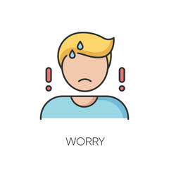 Worry RGB color icon. Emotional stress, anxiety. Concerned, nervous mental state. Bad feeling, trouble reaction. Worried, anxious person isolated vector illustration