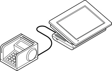 Point of sale (POS) equipment: Point of sale (POS) equipment: a touchscreen cash register connected to a card payment terminal / PIN pad.