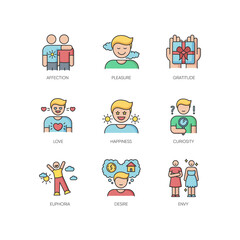 Fototapeta premium Feelings and emotions RGB color icons set. Various emotional reactions, human psychology. Positive feelings and negative mental states. Isolated vector illustrations