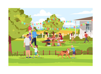 People spending holiday in village semi flat vector illustration. Summer countryside picnic. Children playing outdoors. Landscape background. 2D cartoon characters for commercial use