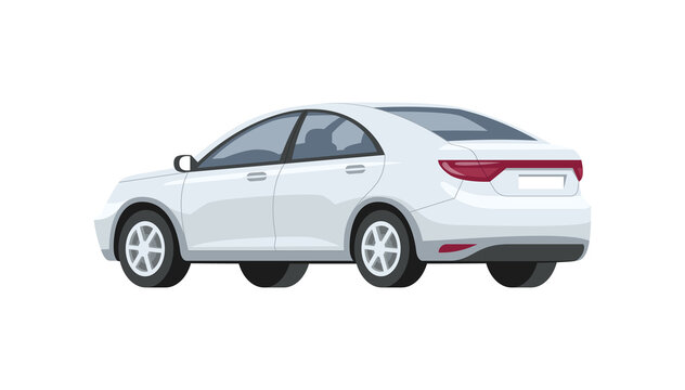 Silver car semi flat RGB color vector illustration. Luxury and elegant white automobile. Urban means of transport. Back, side view. Isolated cartoon character on white background