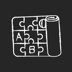 Play mat chalk white icon on black background. Foldable foam mat. Alphabet interlocking playmat. Activity floor for toddlers. Gross motor skills development. Isolated vector chalkboard illustration