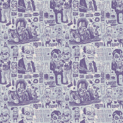 Fototapeta na wymiar Seamless raster Pattern With Crazy Bar Doodles Set, Funny Personages, Bottles, Glass And Hand-Written Fonts. 