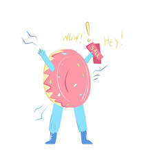 Vector cartoon illustration with promoter wearing donut costume. In his hand, he holds flyers and invites visitors to eatery. Concept of advertising, attracting customers, revenue, business.