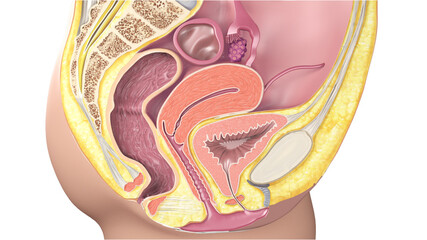 female Reproduction, Uterus, Ovary, Colon, Bladder, Human Anatomy, Xray View, Medical Illustration, Crossection, 3D Art.